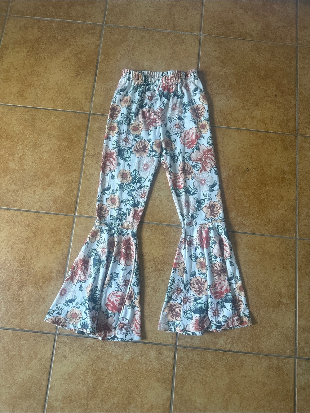 Floral Flared Leggings - White with Pink & Green Floral Print 8 y